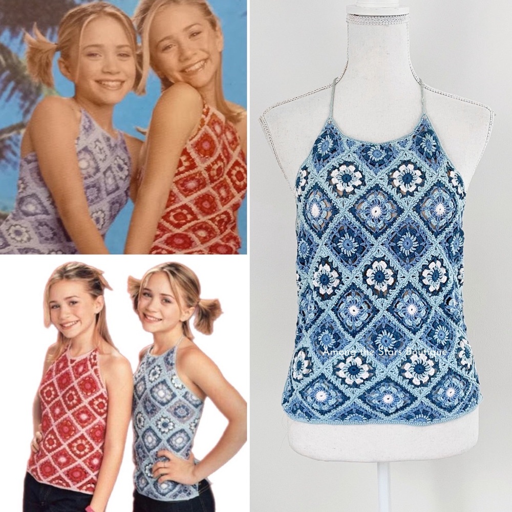 Super Rare Y2K Vintage Blue Floral Halter Knit Top ASO Mary-Kate + Ashley Olsen